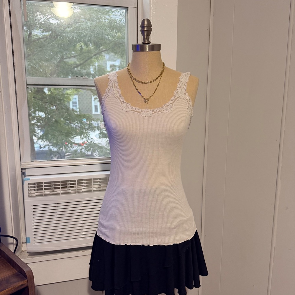Rosemunde Babette silk Lace trim Ribbed Top cream size M